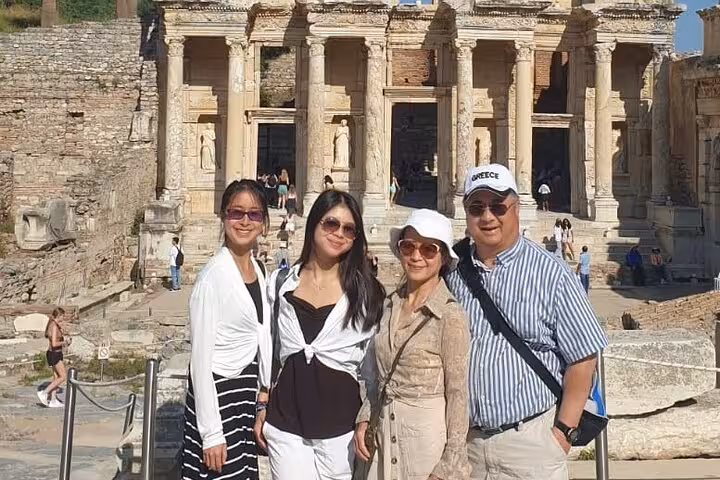 Skip-the-line private Ephesus tour group photo at Library of Celsus, expert guide day trip from Kusadasi