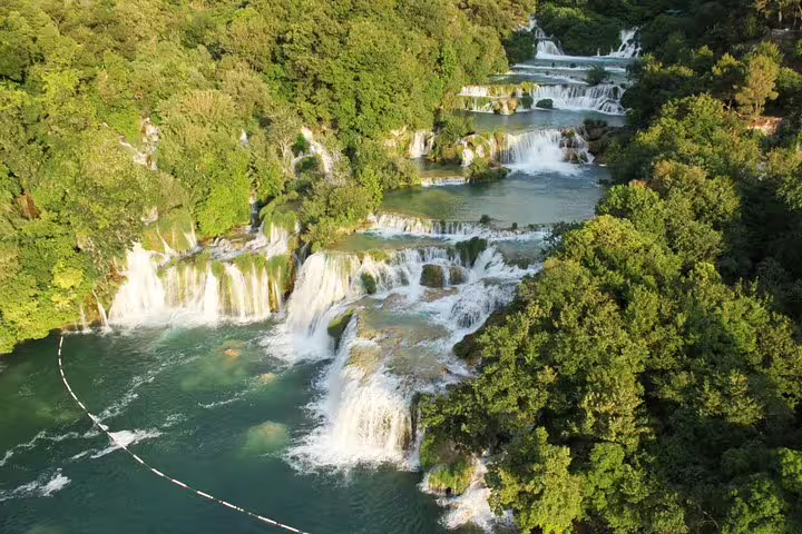 Aerial view of Skradinski Buk cascades in Krka National Park, Croatia, highlight of the Krka waterfalls tour