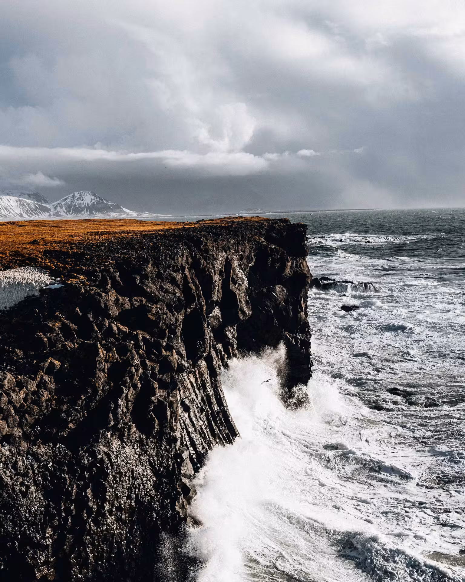Waves crash against dramatic basalt sea cliffs on Snæfellsnes Peninsula private full-day tour in Iceland