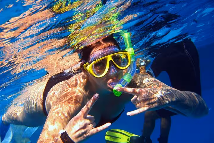 Close-up snorkeler in clear Red Sea water on White Island and Ras Mohamed day sail from Sharm El Sheikh
