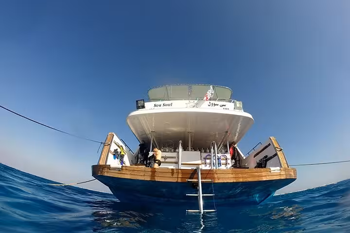 Snorkeling boat stern with swim ladder in the Red Sea on Orange Bay Giftun Island trip from Hurghada