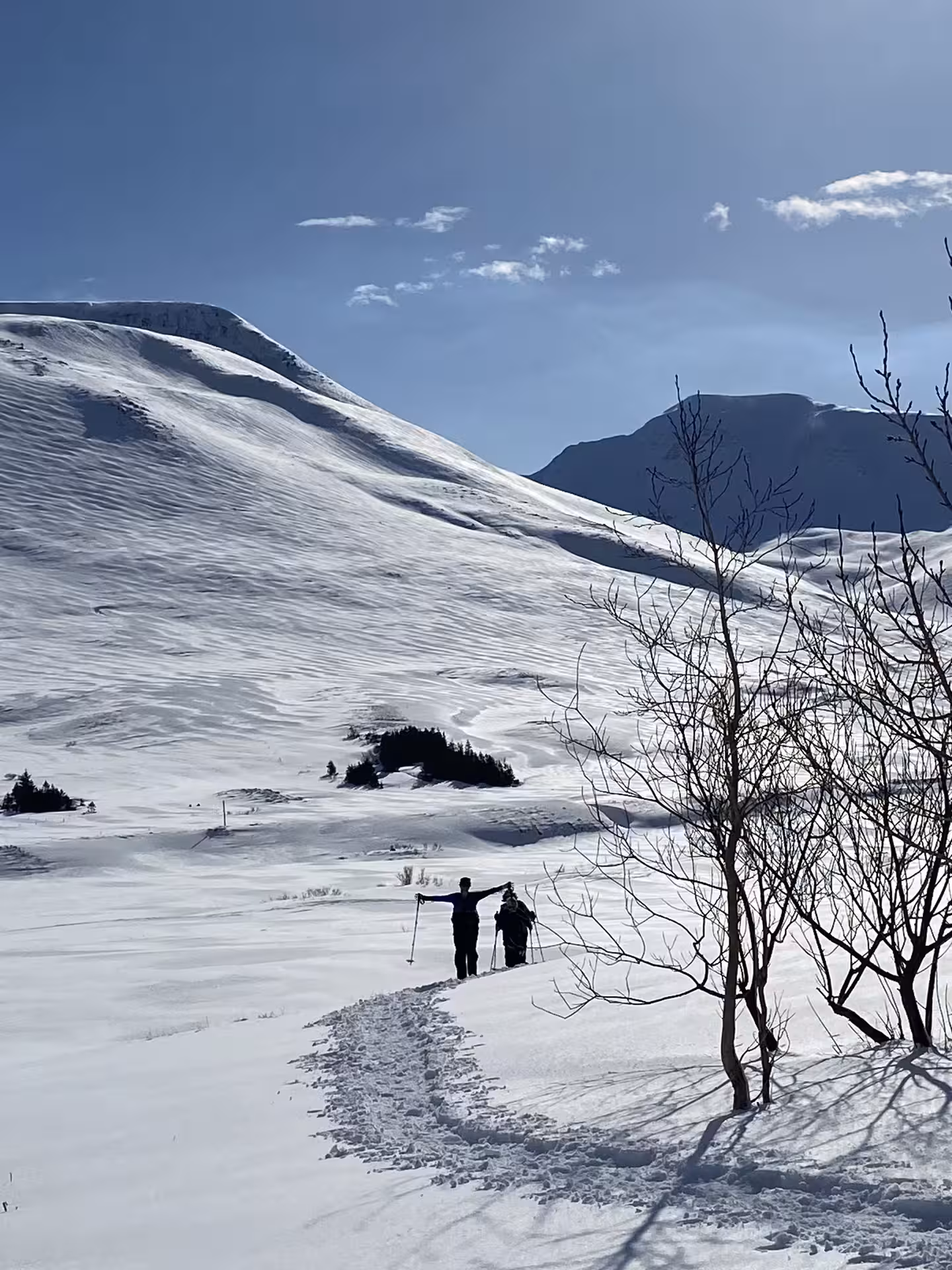 Guided snowshoe hike in Fljótin, Iceland, across fresh powder with mountain views and trekking poles