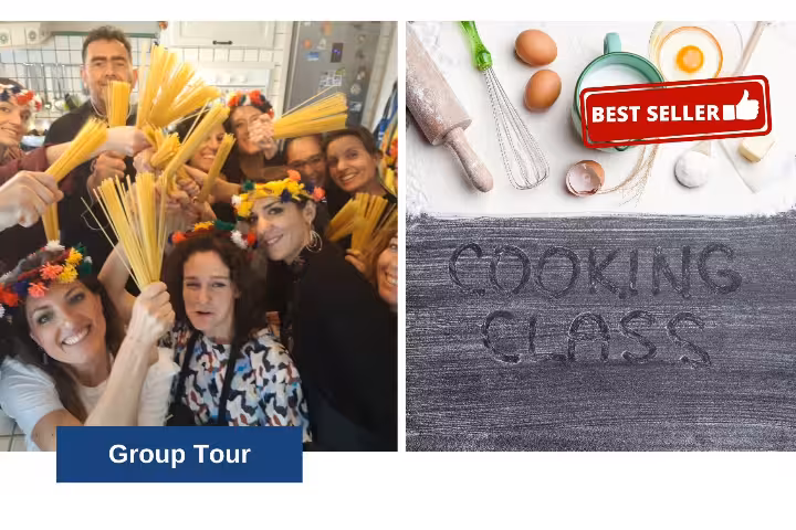 Group social cooking in Palermo as guests hold spaghetti in a local kitchen before dining with locals