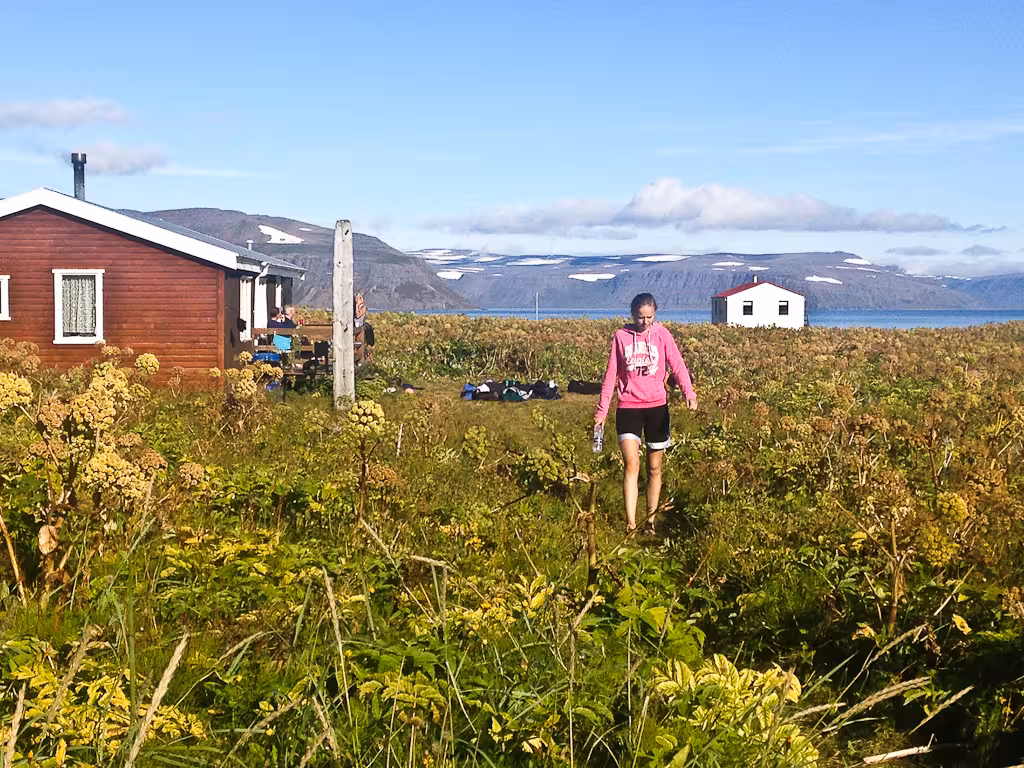 Hiker crossing wildflower meadow near remote cabins with fjord backdrop, Solar Eclipse Hike route