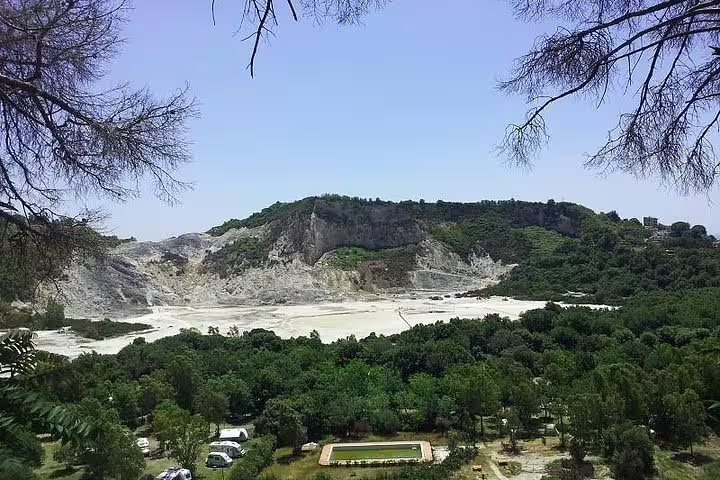 Panoramic view of Solfatara crater in the Phlegraean Fields near Pozzuoli on a guided private tour from Naples