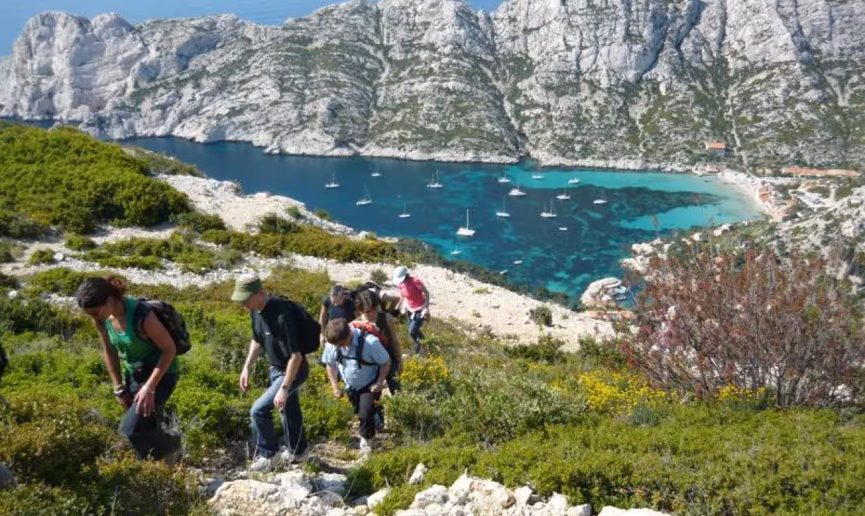 Guided hike above Calanque de Sormiou, Marseille, with turquoise coves and sailboats in the Calanques