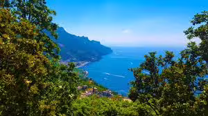 Scenic boat tour view of Sorrento and Amalfi Coast cliffs with turquoise Tyrrhenian Sea framed by lush Mediterranean trees