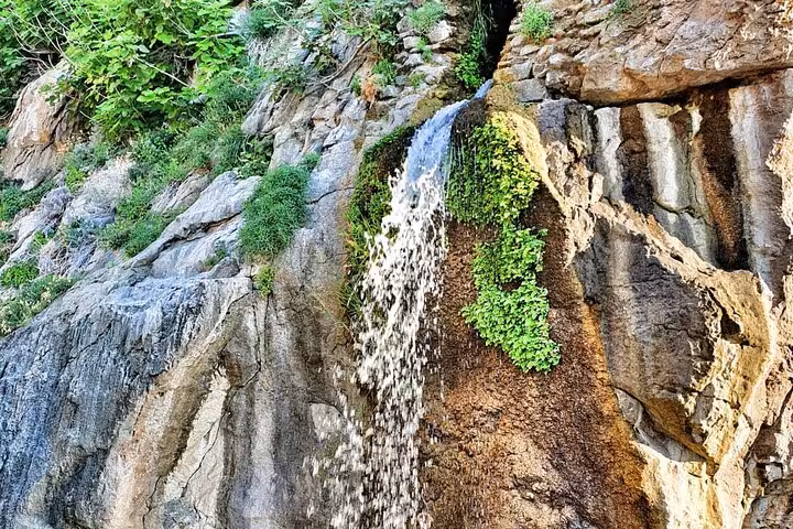 Waterfall cascading down rocky cliff surrounded by lush greenery on a Sorrento boat tour with aperitif.