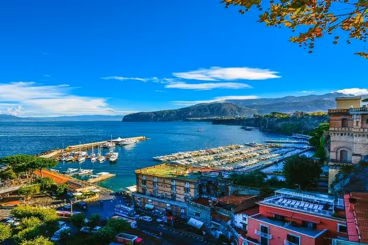Scenic view of Sorrento coast with marina and lush hills, ideal for a guided walking tour experience.