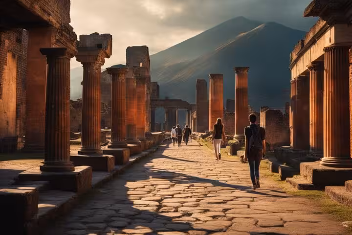 Explore the ancient ruins of Pompeii with stunning views of Mount Vesuvius on our Sorrento and wine-tasting tour.