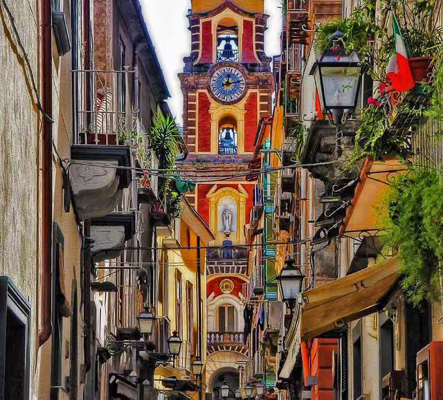Narrow Sorrento old town alley with church clock tower on Naples Sorrento Positano Amalfi Coast group tour