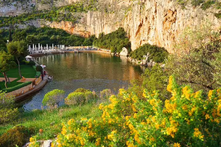 Scenic lake and cliffs at Vouliagmeni near Athens, a relaxing stop on a Sounion sunset private tour