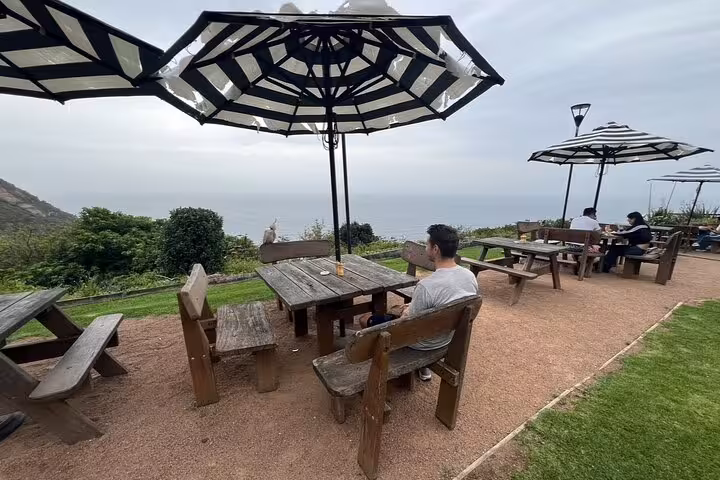 Scenic outdoor dining area overlooking the ocean, a perfect stop on the South Coast Private Daily Group Tour.