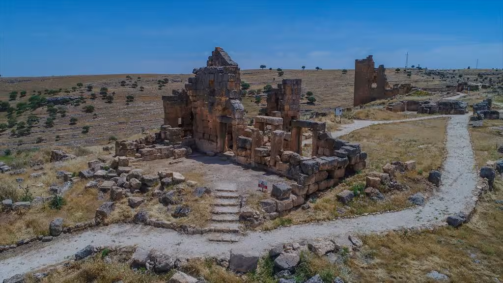 Historic townscape in southeastern Turkey with stone buildings