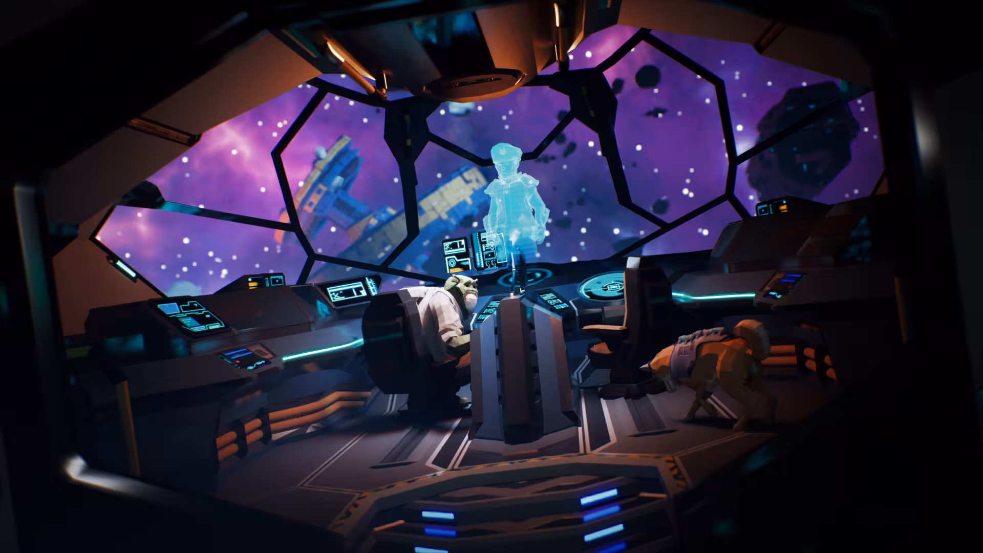 Spaceship cockpit with hologram briefing, Escape Room Free Roam 60-minute sci-fi mission with interactive teamwork puzzles