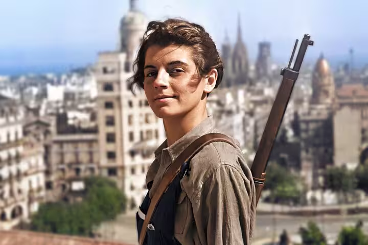 Young soldier with rifle overlooking historical Barcelona, capturing the essence of the Spanish Civil War era.