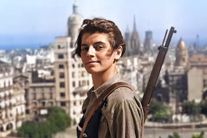 Young soldier with rifle overlooking cityscape, representing Spanish Civil War tour history and Franco's era insights.