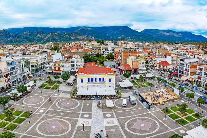 Aerial view of Sparta city square and Taygetus Mountains, a highlight on the Sparta full day tour in Greece