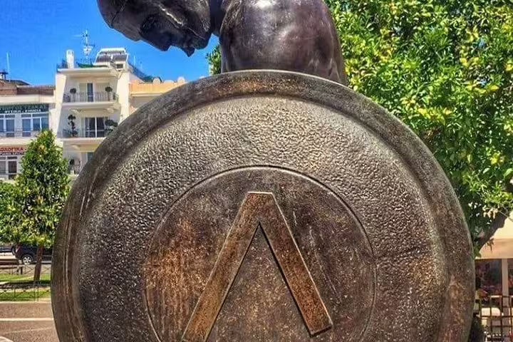 Close-up of Spartan shield statue in Sparta, Greece, a highlight of the Ancient Sparta, Kaiadas and Mystras day tour