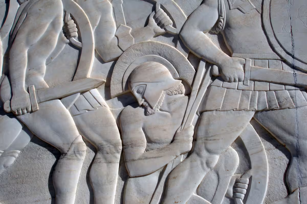 Marble relief of Spartan warrior at Thermopylae monument, highlight of 2-day private Meteora tour from Athens