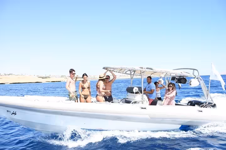 Group enjoying a private speed boat cruise in Sharm El Sheikh, Red Sea, on a 2-hour tour