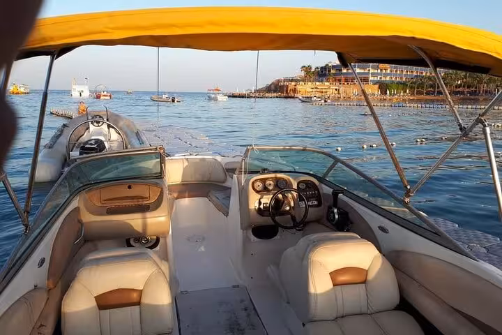Speedboat interior with canopy at Sharm El Sheikh marina, 2-hour private Red Sea ride with transfer