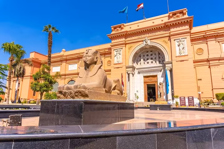 Sphinx statue at the Egyptian Museum Cairo entrance, highlight of Hurghada to Cairo pyramids tour