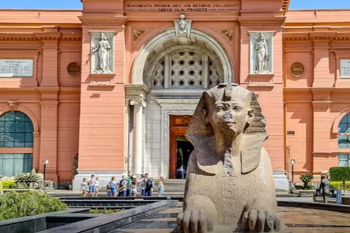 Sphinx statue at the Egyptian Museum Cairo entrance on a private half-day guided tour in Tahrir Square