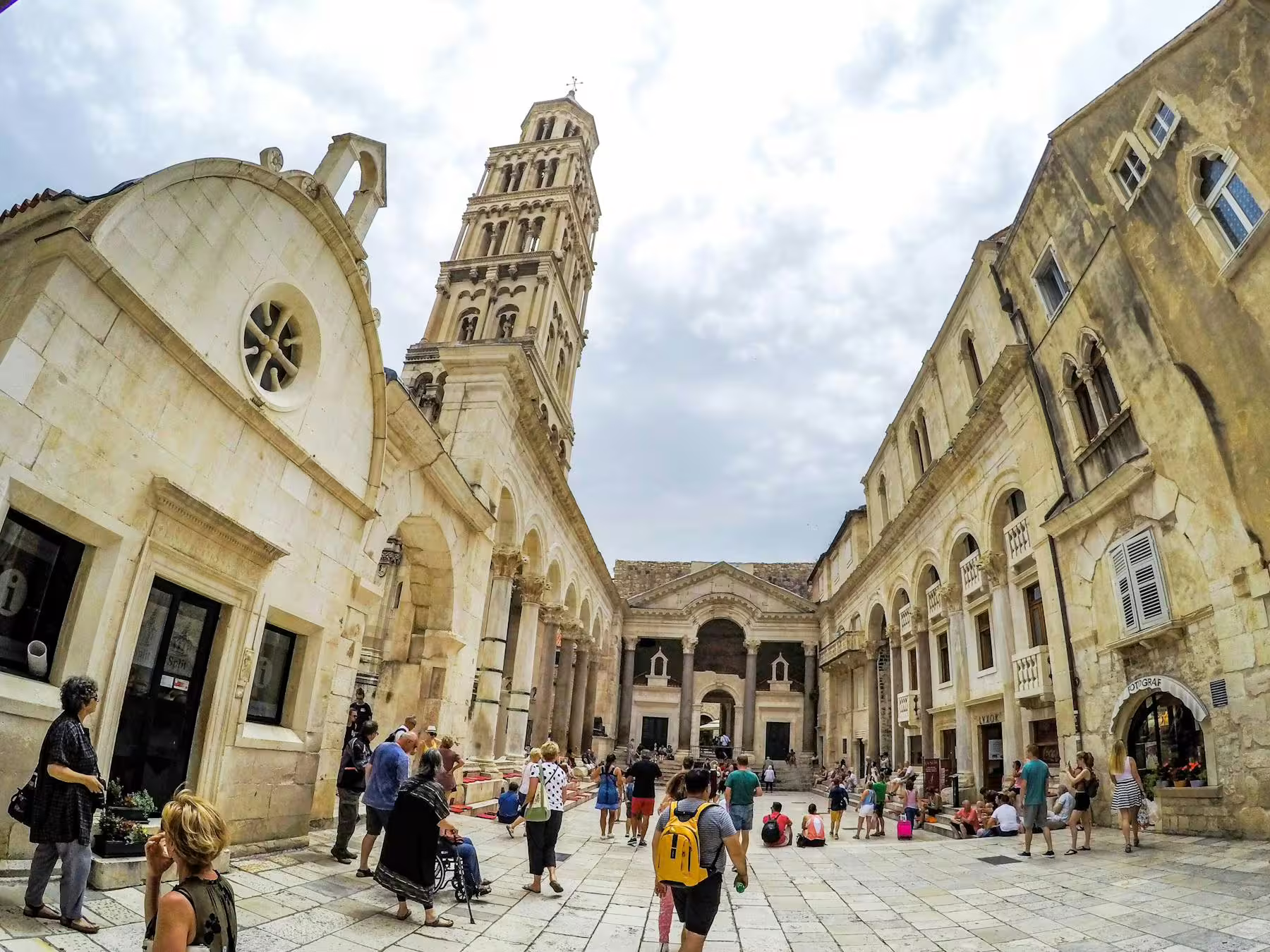 Tourists at Split Cathedral and Peristyle in Diocletian’s Palace on day trip from Makarska Riviera