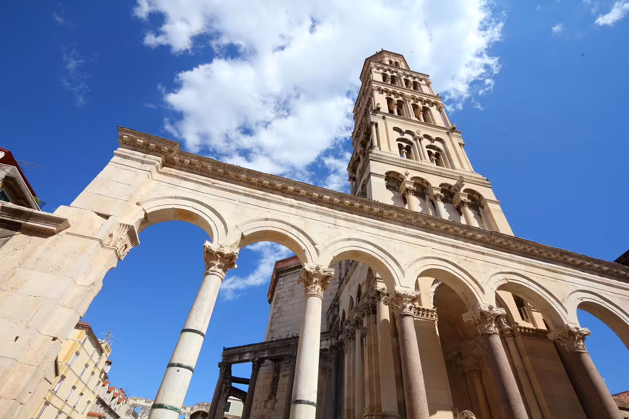 Split Diocletian’s Palace arches and cathedral bell tower, Croatia family island hopping tour highlight