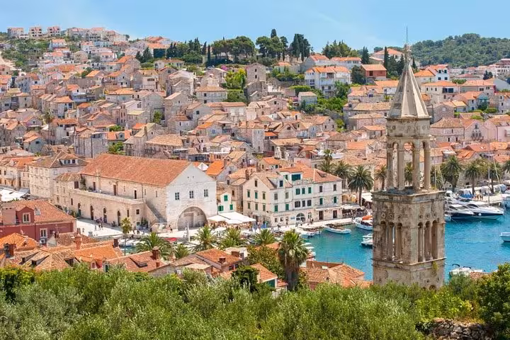 Split old town rooftops and harbor with cathedral bell tower, Dalmatian coast on 7-day private tour