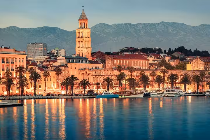 Split Riva waterfront at sunset with Diocletian’s Palace skyline, scenic evening on 11-day private Croatia tour