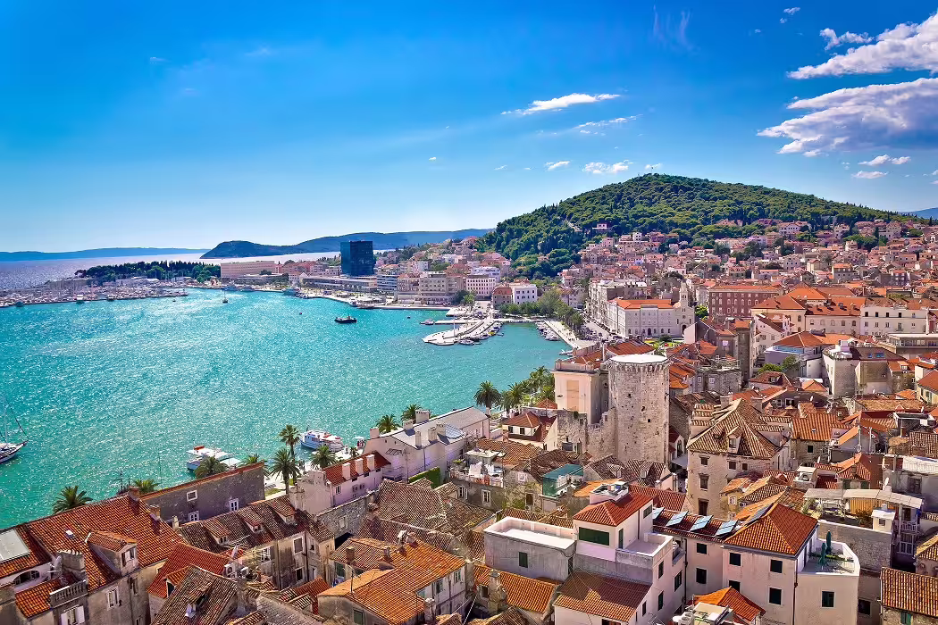 Split old town rooftops and turquoise bay panorama, highlight of Croatia family island hopping tour for 11 days