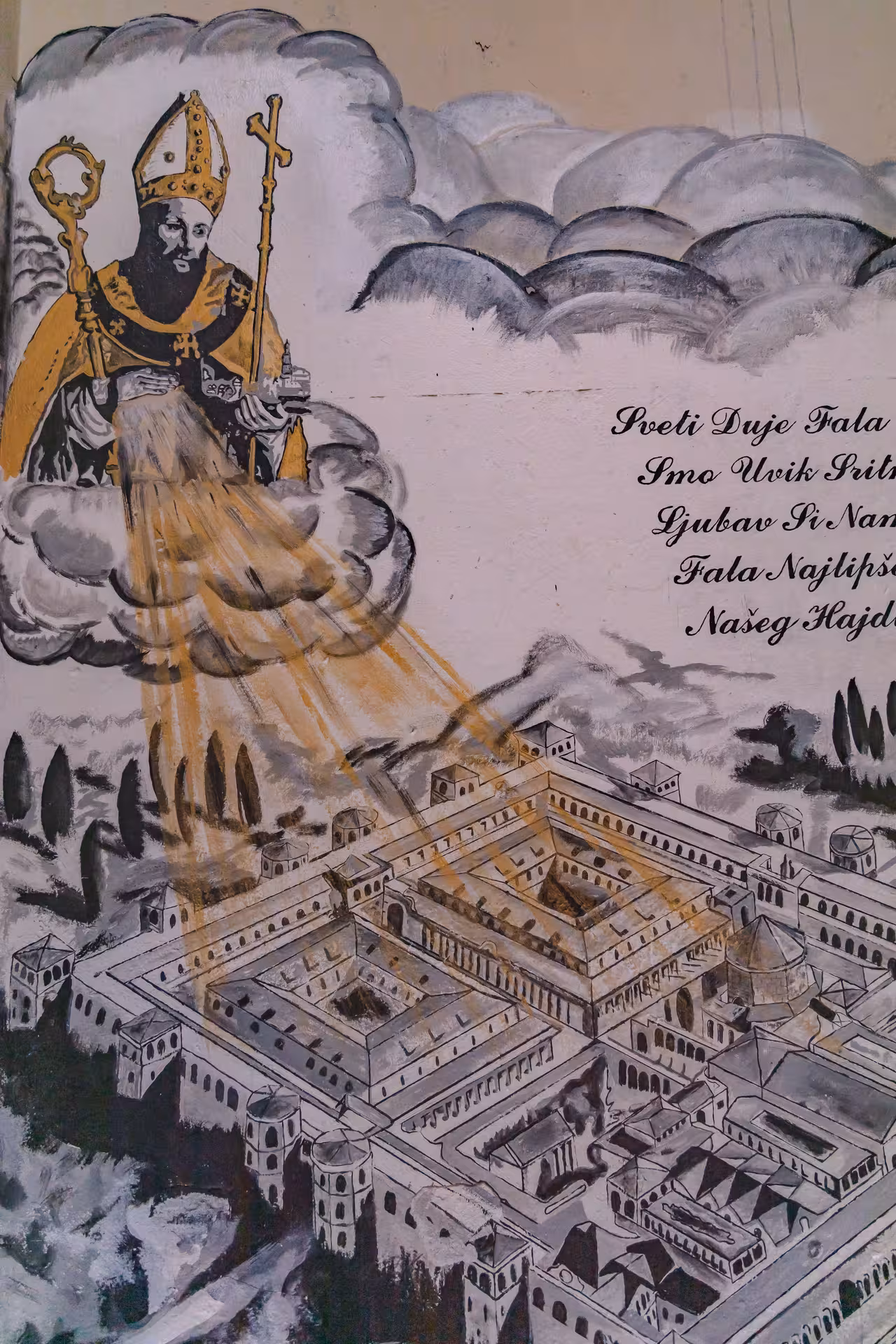 Street art of Saint Domnius above Diocletian’s Palace, a highlight on Split history city tour and Klis Fortress
