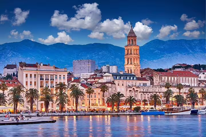 Split Riva waterfront and cathedral bell tower at sunset, ideal cruise ship shore tour to Split and Trogir