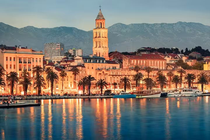 Split waterfront at sunset with Diocletian-era skyline, scenic finish to Zagreb to Split Plitvice private tour