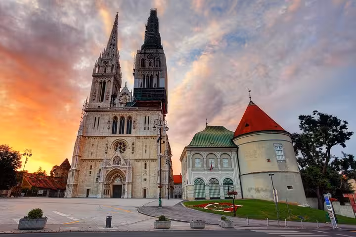 Zagreb Cathedral and historic Upper Town at sunset, final stop on a private Split to Zagreb Plitvice tour