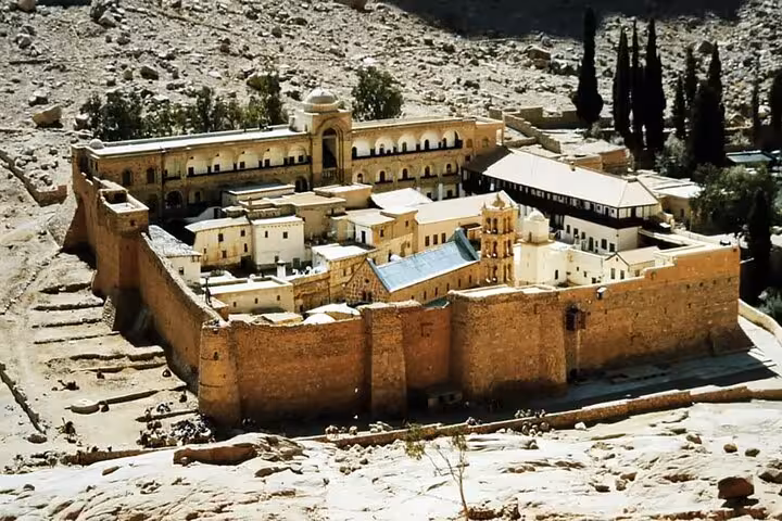 Aerial view of St Catherine Monastery at Mount Sinai, featured on Sharm El Sheikh guided tour in Egypt