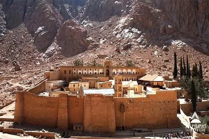 Aerial view of St. Catherine Monastery at Mount Sinai, Egypt, on Moses Mountain guided tour