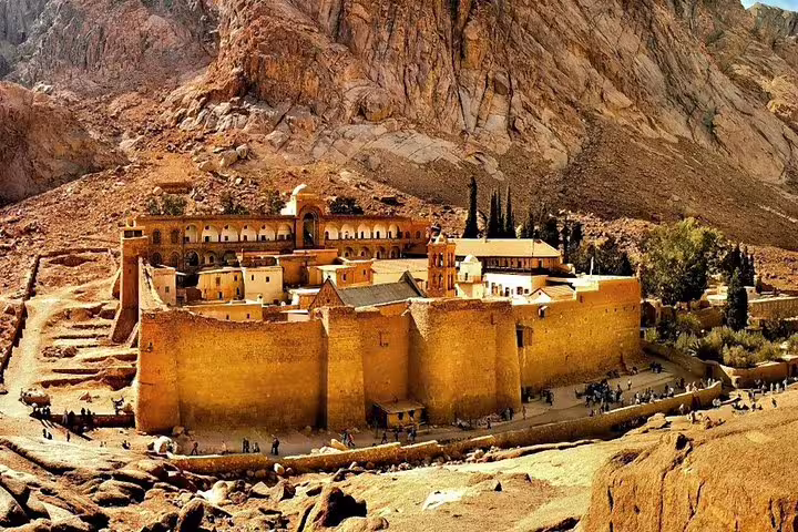 St Catherine Monastery Sinai Egypt viewed from above, stop on Mount Sinai night tour from Cairo by bus