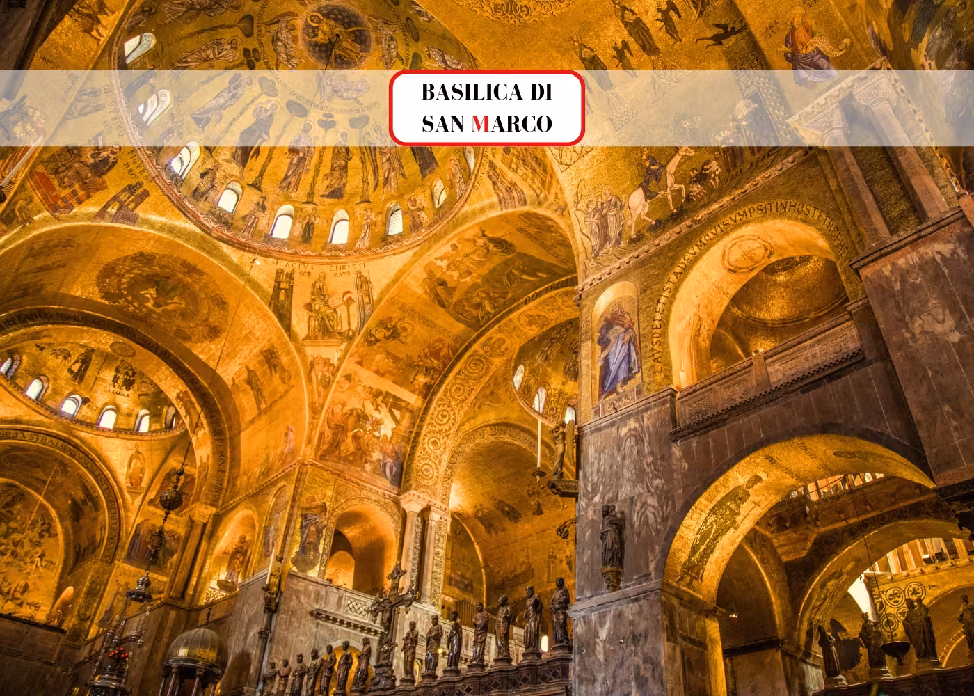 Interior of St. Mark's Basilica with opulent gold mosaics and intricate artwork in Venice, Italy.