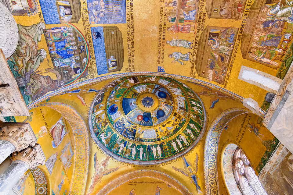 Intricate mosaics adorn the ceiling of St. Mark’s Basilica, highlighting Venice's rich artistic and cultural heritage.