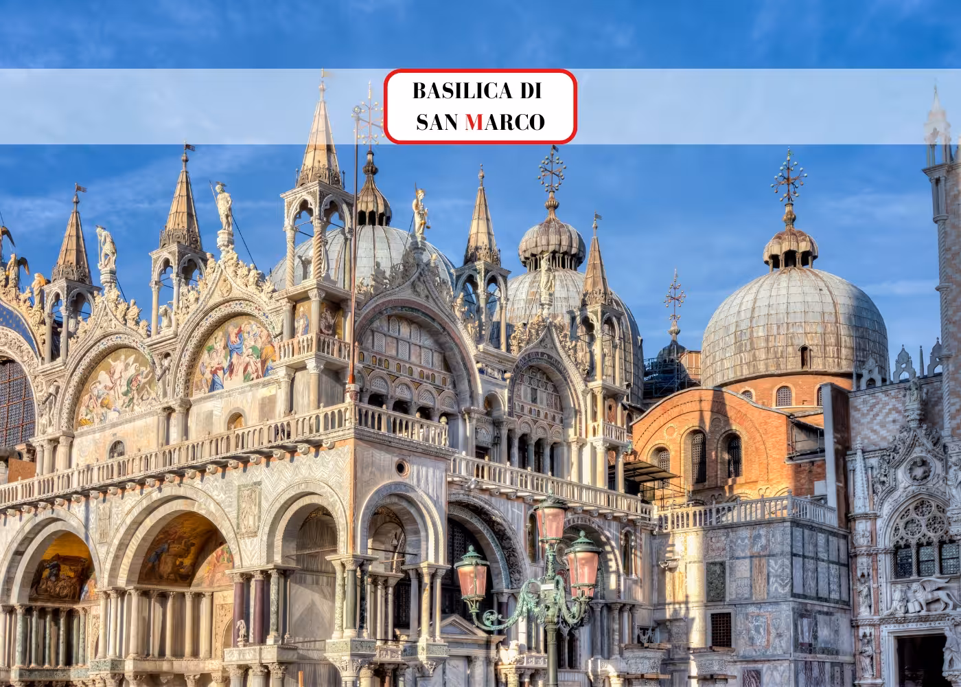 Stunning exterior of St. Mark's Basilica showcasing intricate mosaics and domes in Venice's San Marco Square.