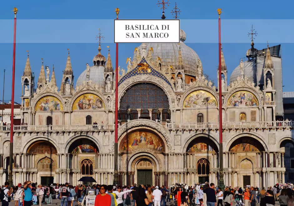 Crowds gather outside the ornate facade of St. Mark's Basilica, a highlight of Venice's San Marco guided tours.