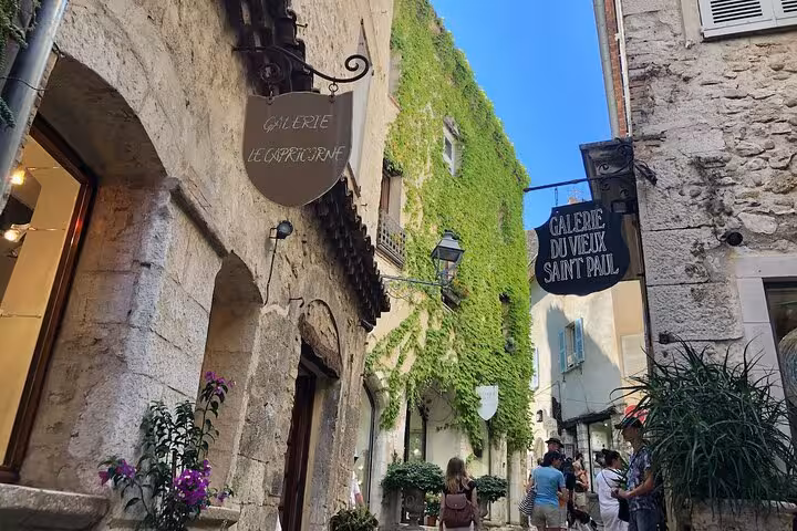 Charming alley in St Paul de Vence with ivy-clad buildings and art galleries, perfect for a French Riviera shopping tour.