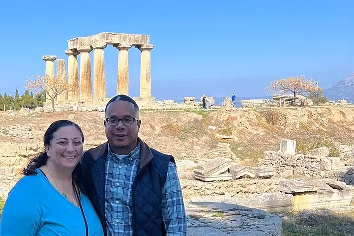 Travelers at Temple of Apollo in Ancient Corinth on St Paul’s Footsteps biblical tour, Letters to the Corinthians