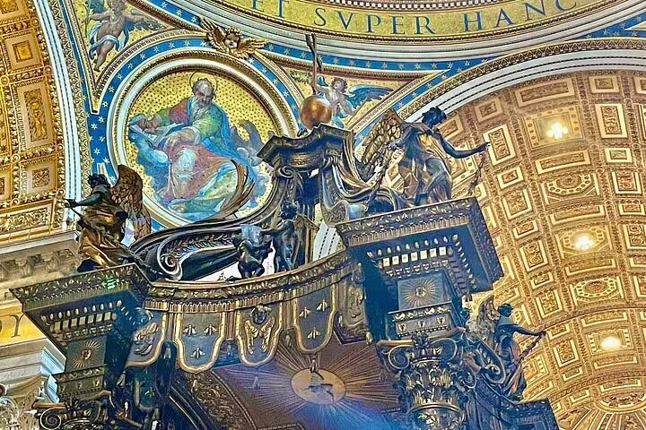 Baroque bronze Baldachin and vivid religious mosaics inside St Peter’s Basilica, seen on a private early access dome tour