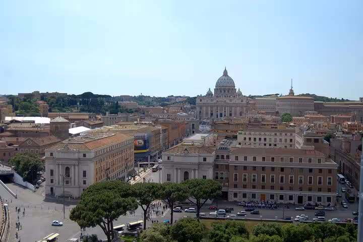 Scenic view of St. Peter's Basilica and surrounding buildings on the Rome Vatican area walking food tour.
