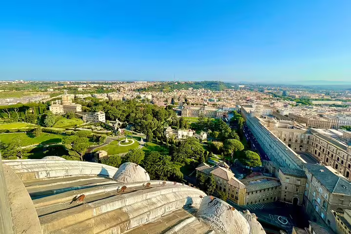 Panoramic view from St Peter's Basilica dome over Vatican Gardens and Rome on an early morning private tour