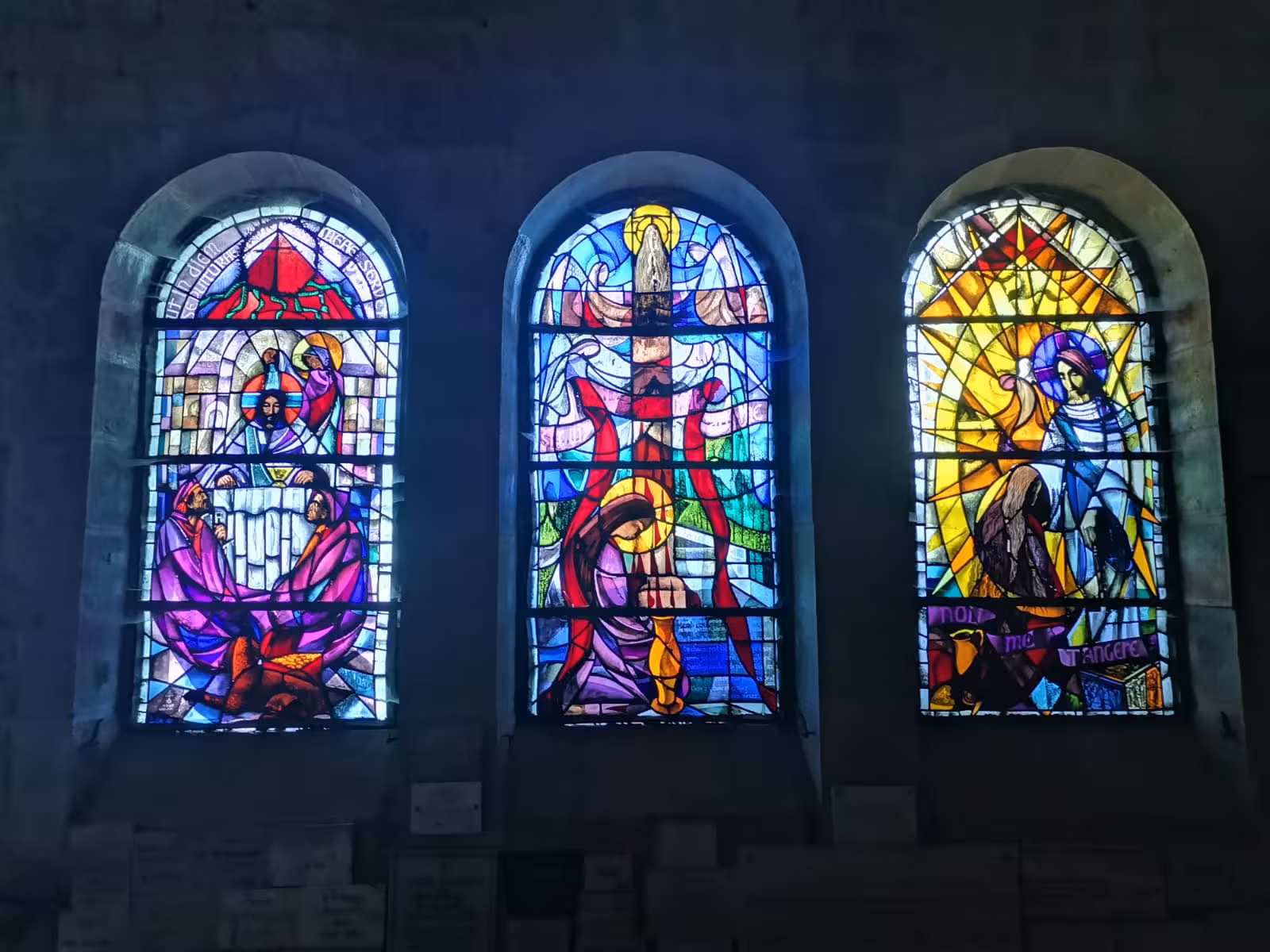 Stained-glass chapel windows on the sacred hike to Grotte Sainte-Madeleine, a Provence pilgrimage tour